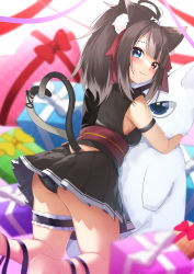 Rule 34 | 1girl, ahoge, animal ear fluff, animal ears, ass, bare shoulders, barefoot, black hair, black panties, black shirt, black skirt, blue eyes, blurry, blurry background, blurry foreground, blush, box, cat ears, cat girl, cat tail, clothing cutout, commentary request, depth of field, enatsu, feet out of frame, from behind, gift, gift box, grey hair, heterochromia, highres, indie virtual youtuber, kneeling, long hair, looking at viewer, looking back, multicolored hair, multiple tails, nukota natsuna, obi, panties, pleated skirt, ponytail, red eyes, sash, shirt, skirt, sleeveless, sleeveless shirt, solo, streaked hair, stuffed animal, stuffed cat, stuffed toy, tail, tail through clothes, two tails, underwear, virtual youtuber