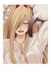 Rule 34 | 1girl, blonde hair, border, cat, chainsaw man, collared shirt, closed eyes, facing viewer, fangs, from above, hair over one eye, hand up, highres, horns, hoshi san 3, long hair, lying, meowy (chainsaw man), on back, one eye covered, open mouth, power (chainsaw man), shirt, solo, white border, white shirt, wing collar