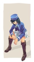Rule 34 | 10s, 1girl, andou (girls und panzer), bc freedom (emblem), bc freedom military uniform, black footwear, black hair, blue hat, blue jacket, blue vest, boots, brown eyes, closed mouth, dark-skinned female, dark skin, dress shirt, emblem, full body, girls und panzer, grey background, hat, high collar, highres, invisible chair, jacket, kani aruki (bucket crawl), knee boots, long sleeves, looking at viewer, messy hair, military hat, outside border, pleated skirt, shako cap, shirt, sitting, skirt, smile, solo, vest, white shirt