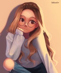 Rule 34 | 1girl, :/, absurdres, artist name, bellavoirr, blonde hair, blue pants, blush, brown eyes, closed mouth, denim, female focus, flat chest, forehead, glasses, hand up, head rest, highres, jeans, knee up, light blush, long hair, looking at viewer, orange background, original, pants, round eyewear, signature, simple background, sitting, sleeves past wrists, solo, sweater, torn clothes, torn pants, upper body, wavy hair, white sweater