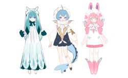 Rule 34 | 3girls, :d, ahoge, animal ears, aqua hair, arms at sides, bandaged leg, bandages, barefoot, between legs, blue eyes, blue hair, bob cut, boots, bow, bowtie, commentary, creatures (company), dress, fins, full body, game freak, gen 1 pokemon, gen 4 pokemon, gen 6 pokemon, glaceon, gloves, green bow, green bowtie, green gloves, gwayo, hairband, legs together, lineup, long sleeves, multiple girls, nintendo, open mouth, pink footwear, pink hair, pokemon, puffy long sleeves, puffy sleeves, shoes, short dress, short hair, sidelocks, simple background, sketch, smile, socks, standing, sylveon, symbol-only commentary, tail, tail between legs, vaporeon, white background