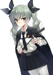 Rule 34 | 1girl, absurdres, anchovy (girls und panzer), battle koala, black cape, black necktie, black ribbon, blush, cape, drill hair, girls und panzer, green hair, hair between eyes, hair ribbon, highres, holding riding crop, long hair, long sleeves, looking at viewer, necktie, pantyhose, pleated skirt, red eyes, ribbon, riding crop, shirt, simple background, skirt, smile, solo, twin drills, twintails, white background, white pantyhose, white shirt, white skirt
