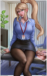 Rule 34 | 1girl, absurdres, arm support, aroma sensei, black pantyhose, black skirt, window blinds, blonde hair, blue eyes, blue shirt, bra visible through clothes, carpet, chair, collared shirt, commentary, desk, dress shirt, english commentary, hair between eyes, high ponytail, highres, id card, indoors, lanyard, long hair, looking to the side, metroid, miniskirt, mole, mole under mouth, monitor, nail polish, nintendo, nipples, office chair, office lady, pantyhose, paper, pencil skirt, photo (object), plant, ponytail, red nails, samus aran, shirt, sidelocks, sitting, skirt, swivel chair, window