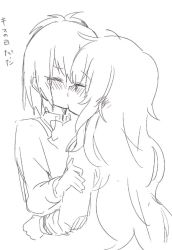 Rule 34 | 2girls, holding another&#039;s arm, bafarin, blush, couple, closed eyes, gabriel dropout, greyscale, kiss, kiss day, lineart, long hair, monochrome, multiple girls, profile, school uniform, short hair, simple background, sketch, gabriel tenma white, vignette tsukinose april, very long hair, white background, yuri
