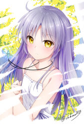 Rule 34 | 1girl, alternate costume, angel, angel beats!, angel wings, bare shoulders, blush, breasts, chibinon, closed mouth, collarbone, commentary request, dress, feathered wings, floating hair, floral background, flower, grey hair, heaven burns red, highres, jewelry, knee up, long hair, looking at viewer, necklace, parted bangs, simple background, sitting, sleeveless, sleeveless dress, small breasts, smile, solo, spaghetti strap, split mouth, straight hair, sundress, tenshi (angel beats!), tsurime, twitter username, upper body, very long hair, white background, white dress, white wings, wings, yellow eyes, yellow flower