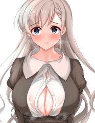 Rule 34 | 1girl, absurdres, animal ears, asymmetrical bangs, blush, braid, braided bangs, breasts, button gap, cleavage, collarbone, embarrassed, full-face blush, furrowed brow, grey hair, highres, hisakawa hayate, idolmaster, idolmaster cinderella girls, large breasts, long hair, looking at viewer, no bra, partially unbuttoned, raindrop746079, shirt, simple background, solo, steaming body, straight hair, sweatdrop, upper body, very long hair, wet, wet clothes, wet shirt, white background