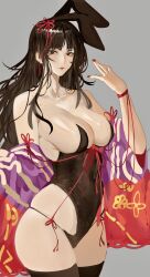 Rule 34 | 1girl, animal ears, black hair, black leotard, black thighhighs, breasts, brown eyes, cleavage, commentary, cowboy shot, english commentary, flower knot, grey background, highres, houraisan kaguya, large breasts, leotard, long hair, looking at viewer, mole, mole under eye, parted lips, playboy bunny, rabbit ears, red nails, simple background, solo, thighhighs, tomatolover16, touhou