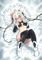 Rule 34 | 1girl, absurdres, anger vein, angry, bed sheet, bell, black gloves, blonde hair, blush, boots, bow, breasts, capelet, clenched teeth, covering breasts, covering privates, crying, crying with eyes open, elbow gloves, fate/grand order, fate (series), full-face blush, gloves, hair ribbon, headpiece, helmet, highres, jeanne d&#039;arc (fate), jeanne d&#039;arc alter (fate), jeanne d&#039;arc alter santa lily (fate), knees together feet apart, long hair, looking at viewer, lying, nude, on back, ribbon, rou (rou22), small breasts, solo, striped ribbon, tears, teeth, thighhighs, yellow eyes