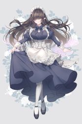 Rule 34 | 1girl, absurdres, apron, black footwear, blue bow, blue bowtie, blue dress, blush, borrowed character, bow, bowtie, breasts, brown hair, closed mouth, commentary request, commission, corset, dress, floating hair, floral background, frills, full body, grey background, hair over eyes, highres, juliet sleeves, large breasts, long hair, long sleeves, maid, neko-san (dim.dream), original, pantyhose, pixiv commission, pointy ears, puffy sleeves, skirt hold, smile, solo, standing, very long hair, white apron, white pantyhose