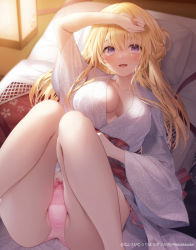 Rule 34 | 1girl, :d, arm on own head, arm up, ass, bath yukata, blonde hair, blush, bow, bow panties, breasts, collarbone, copyright name, floral print, futon, hair between eyes, indoors, japanese clothes, kimono, lantern, long hair, long sleeves, looking at viewer, lying, m legs, medium breasts, melonbooks, navy (navy.blue), no bra, obi, on back, on bed, open clothes, open kimono, open mouth, panties, pillow, pink panties, print kimono, purple eyes, sash, sidelocks, smile, solo, spread legs, thighs, underwear, watermark, wide sleeves, yukata