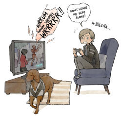 Rule 34 | ada wong, animalization, chainsaw, comic, dog, english text, helena harper, lanimalu, leon s. kennedy, monster, playing games, resident evil, resident evil 6, scared, sitting, television, ubitsvo