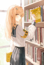 Rule 34 | 1girl, absurdres, armband, black skirt, blonde hair, blue sailor collar, blush, book, bookshelf, closed mouth, commentary, expressionless, hair ornament, hairclip, highres, holding, holding book, indoors, kerno, long hair, long sleeves, looking at viewer, medium skirt, original, pleated skirt, revision, sailor collar, school uniform, serafuku, shirt, skirt, solo, standing, watch, white shirt, window, yellow eyes