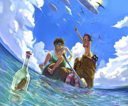 Rule 34 | 00s, 1boy, 1girl, 2006, adiyos, aircraft, airship, bikini, bird, boots, bottle, cat, cloud, day, dirigible, fisheye, flag, flying, glasses, goggles, goggles on head, innertube, landscape, message in a bottle, ocean, outdoors, oversized object, perspective, pointing, reflection, scenery, scroll, seagull, signature, sky, sun, swim ring, swimsuit, toothbrush, topless male, water