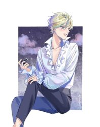 Rule 34 | 1boy, black pants, blonde hair, cloud, commentary request, earrings, frilled shirt, frills, heart, highres, holding, holding heart, jewelry, looking to the side, male focus, night, night sky, pants, pierre tempete de neige, realemonade, shirt, shirt tucked in, sitting, sky, solo, sugar sugar rune, white shirt