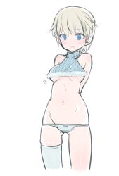 Rule 34 | 10s, 1girl, adapted costume, aohashi ame, arms behind back, bare shoulders, blonde hair, blue bow, blue eyes, blue panties, blush, body blush, bow, bow panties, brave witches, breasts, collarbone, cowboy shot, crop top, cropped legs, fur trim, groin, highres, long sleeves, motion lines, navel, nikka edvardine katajainen, open mouth, panties, ribbed sweater, short hair, simple background, single thighhigh, skindentation, sleeveless, solo, strike witches, sweater, thighhighs, underboob, underwear, white background, white thighhighs, world witches series