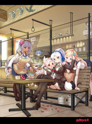 Rule 34 | 6+girls, anchor, annoyed, apron, arm around shoulder, bench, black footwear, black legwear, black skirt, blazer, blonde hair, blue hair, blue ribbon, blue skirt, blush, breasts, buttons, chibi, coffee, copyright name, counter, crossed legs, cup, curtains, doughnut, drawing (object), dropping, enterprise (warship girls r), flower, food, hair flower, hair ornament, hair ribbon, hand on another&#039;s leg, helena (warship girls r), holding, holding flower, indoors, jacket, large breasts, leaning, leaning forward, letterboxed, long hair, long sleeves, looking at another, maid headdress, medium breasts, miniskirt, multiple girls, nevada (warship girls r), north carolina (warship girls r), oklahoma (warship girls r), omaha (warship girls r), on bench, open mouth, orange eyes, pantyhose, petals, pleated skirt, ponytail, porthole, quincy (warship girls r), red eyes, red flower, red rose, ribbon, rose, sailor collar, sailor shirt, shelf, shirt, shoes, shop, short sleeves, silver hair, sirills, sitting, skirt, south dakota (warship girls r), table, thighhighs, tray, very long hair, warship girls r, washington (warship girls r), wavy hair, white legwear, white shirt, window