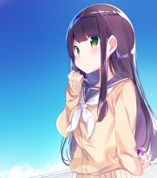 Rule 34 | 1girl, bag, black hair, blue sky, blunt bangs, blush, chikuwa., clenched hand, green eyes, hime cut, holding, holding bag, holding pouch, long hair, neckerchief, original, pouch, school uniform, serafuku, sidelocks, sky, smile, solo, sweater, upper body, white neckerchief