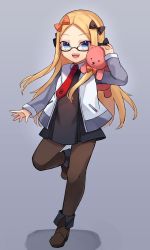 Rule 34 | 1girl, abigail williams (fate), black-framed eyewear, black dress, black pantyhose, blonde hair, blue eyes, blush, breasts, commentary, cosplay, dress, english commentary, fate/grand order, fate (series), forehead, full body, glasses, grey jacket, highres, jacket, long hair, long sleeves, looking at viewer, mash kyrielight, mash kyrielight (cosplay), miya (miyaruta), necktie, open clothes, open jacket, open mouth, pantyhose, parted bangs, red necktie, small breasts, smile, stuffed animal, stuffed toy, teddy bear, teeth, upper teeth only