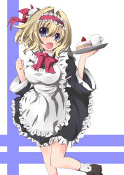 Rule 34 | 1girl, absurdres, alice margatroid, alternate costume, apron, blonde hair, blue eyes, bow, bowtie, breasts, cake, covered erect nipples, cup, dress, enmaided, female focus, food, fruit, hair intakes, hairband, headdress, highres, impossible clothes, impossible dress, kituneduki, kogetsu, large breasts, loafers, maid, maid apron, mug, open mouth, running, shoes, short hair, socks, solo, strawberry, touhou, tray, white socks, wide sleeves