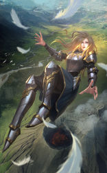 Rule 34 | 1girl, armor, bird, blonde hair, blue eyes, blurry foreground, breastplate, chaosringen, commentary, commission, cover image, crater, day, english commentary, falling, fantasy, feathers, greaves, highres, hip armor, long hair, mountain, original, outdoors, river, shoulder armor, skirt, solo, valley, volcano