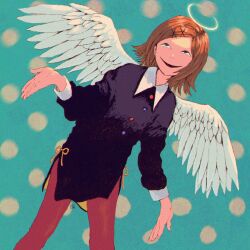 Rule 34 | 1girl, angel, angel wings, brown hair, evil smile, feathered wings, hair ornament, hairclip, halo, highres, original, pants, red pants, smile, solo, ttanne, wings
