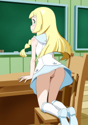 Rule 34 | 1girl, arm support, ass, bare shoulders, blonde hair, blunt bangs, blush, board eraser, braid, carinae, censored, chair, chalk, chalkboard, classroom, cleft of venus, closed mouth, creatures (company), desk, dress, eyebrows, female focus, from behind, game freak, green eyes, highres, indoors, kneehighs, kneeling, leaning forward, legs together, lillie (pokemon), long hair, looking at viewer, looking back, mosaic censoring, nintendo, no panties, pokemon, pokemon (anime), pokemon sm (anime), pussy, shoes, smile, socks, solo, table, twin braids, upskirt, white dress, white socks, wooden floor