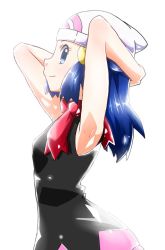 Rule 34 | 00s, 1girl, alternate color, armpits, arms behind head, beanie, blue hair, creatures (company), dawn (pokemon), game freak, hat, long hair, looking at viewer, mifa, nintendo, pokemon, pokemon (anime), pokemon dppt, scarf, shiny skin, shirt, skirt, sleeveless, sleeveless shirt, solo, white background