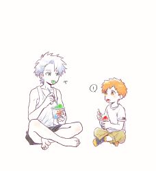 Rule 34 | !, 2boys, :p, barefoot, bleach, blush, brown eyes, choko egg, collarbone, commentary, crossed legs, eating, food, full body, green eyes, highres, hitsugaya toushirou, holding, kurosaki kazui, looking at another, male focus, multiple boys, orange hair, shaved ice, shirt, short hair, short sleeves, shorts, sitting, socks, symbol-only commentary, t-shirt, tank top, tongue, tongue out