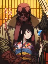 Rule 34 | 1boy, 1girl, absurdres, black hair, blue butterfly, bug, butterfly, crossover, demon boy, enma ai, gloves, gun, handgun, hellboy, hellboy (comic), highres, insect, jacket, japanese clothes, jigoku shoujo, long hair, name connection, red skirt, revision, revolver, skirt, translation request, unknown showhey, weapon