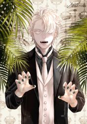 Rule 34 | 1boy, claw pose, fangs, formal, hair over one eye, highres, looking at viewer, male focus, nail polish, nanahituzi, necktie, original, pale skin, plant, polka dot trim, shirt, solo, striped clothes, striped shirt, suit, vampire, white eyes, white hair