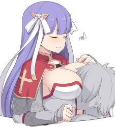 Rule 34 | 1boy, 1girl, arm guards, between breasts, breasts, capelet, center opening, cleavage, clenched teeth, closed eyes, face between breasts, fate/grand order, fate (series), hair ribbon, head between breasts, large breasts, long hair, martha (fate), purple hair, red capelet, ribbon, shiseki hirame, short hair, squiggle, teeth