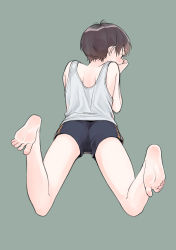 Rule 34 | 1boy, absurdres, barefoot, black hair, boxers, child, feet, from behind, green background, highres, lying, male focus, male underwear, on stomach, original, piko (pixiv), short hair, simple background, soles, solo, tank top, the pose, toes, underwear