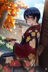 Rule 34 | 1girl, absurdres, ahoge, alternate costume, architecture, autumn, autumn leaves, black kimono, blue hair, blue sky, blush, brick wall, building, bush, chewing, closed mouth, cloud, cloudy sky, commentary request, day, east asian architecture, eating, eyelashes, falling leaves, food, food on face, furisode, grey eyes, hands up, highres, holding, holding food, holding plate, holding snack, idolmaster, idolmaster cinderella girls, japanese clothes, kimono, leaf, light blush, light smile, long sleeves, looking at viewer, looking to the side, mapa s2, maple leaf, maple tree, momiji manjuu, multicolored clothes, multicolored kimono, obi, obiage, obijime, outdoors, plate, porch, red bean paste, red kimono, sash, short hair, sidelocks, signature, sitting, sky, smile, snack, solo, sparkle, straight hair, tree, wakui rumi, wind chime, wooden porch