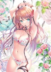 Rule 34 | 1girl, armpits, arms up, bare arms, bare shoulders, black ribbon, blue eyes, bra, breasts, brown hair, cleavage, cowboy shot, flower, gluteal fold, hair flower, hair ornament, hair ribbon, highres, lingerie, long hair, looking at viewer, medium breasts, miwabe sakura, mouth hold, navel, original, panties, pink flower, ribbon, solo, stomach, thighs, underwear, underwear only, white bra, white panties