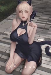 Rule 34 | 1girl, :o, animal ears, artist name, artoria pendragon (all), artoria pendragon (fate), bare arms, bare shoulders, bell, black bow, black dress, black nails, blonde hair, bow, breasts, cat ears, cat girl, cat tail, cleavage, cleavage cutout, clothing cutout, commentary, dress, english commentary, fangs, fate/stay night, fate (series), hair bow, hand on own thigh, heart cutout, highres, jingle bell, kemonomimi mode, kneeling, large breasts, looking at viewer, nail polish, open mouth, outdoors, paw pose, pink lips, saber alter, short hair, sidelocks, sleeveless, sleeveless dress, solo, stone floor, tail, thaumazo, yellow eyes