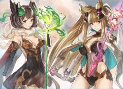Rule 34 | 2girls, animal ears, bare shoulders, blunt bangs, bow (weapon), breasts, brown eyes, brown hair, bustier, cape, cleavage, closed mouth, covered erect nipples, covered navel, cowboy shot, crossed bangs, detached sleeves, dress, erune, fur trim, gluteal fold, granblue fantasy, hair ornament, holding, holding weapon, large breasts, light brown hair, long hair, looking at viewer, medium breasts, medium hair, metera (granblue fantasy), mole, mole under mouth, multiple girls, nstch root a, purple eyes, short dress, siblings, sideboob, sideless outfit, sidelocks, sisters, smile, smirk, sutera (granblue fantasy), twintails, very long hair, weapon