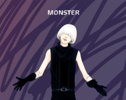 Rule 34 | 1boy, abstract background, belt, bigbang, black gloves, black pants, black shirt, bowl cut, copyright name, g-dragon, gloves, hair over eyes, k-pop, male focus, monster, outstretched arms, pants, shirt, sleeveless, solo, spread arms, tattoo, white hair