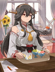 Rule 34 | 1girl, absurdres, black hair, box, breasts, brown eyes, chest sarashi, closed mouth, commission, cup, detached sleeves, drinking glass, drinking straw, flower, food, hair between eyes, hair ornament, hairclip, hakama, hakama skirt, haruna (kancolle), haruna kai ni (kancolle), headgear, highres, holding, holding tray, indoors, japanese clothes, kanmiya shinobu, kantai collection, large breasts, long hair, looking at viewer, nontraditional miko, paper, pencil, red hakama, ribbon-trimmed sleeves, ribbon trim, sarashi, shaved ice, skeb commission, skirt, smile, solo, sunflower, tray, vase, white sleeves, wide sleeves, window