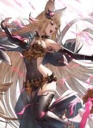 Rule 34 | 1girl, animal ears, bare shoulders, black thighhighs, blonde hair, bow (weapon), breasts, covered navel, detached collar, detached sleeves, fagi (kakikaki), granblue fantasy, hair ornament, highres, holding, holding bow (weapon), holding weapon, long hair, looking to the side, medium breasts, metera (granblue fantasy), open mouth, purple eyes, simple background, smile, solo, thighhighs, weapon, white background