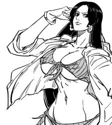 Rule 34 | 1girl, bad id, bb (baalbuddy), bikini, boa hancock, bracelet, breasts, cleavage, closed mouth, covered erect nipples, cowboy shot, earrings, greyscale, hand up, highres, huge breasts, inactive account, jacket, jewelry, long hair, looking at viewer, monochrome, navel, one piece, open clothes, open jacket, ribbed bikini, side-tie bikini bottom, simple background, solo, striped bikini, striped clothes, swimsuit, underboob, very long hair, white background