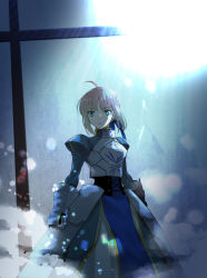Rule 34 | 1girl, ahoge, armor, armored dress, arms at sides, artoria pendragon (all), artoria pendragon (fate), backlighting, blonde hair, blue dress, blue ribbon, breastplate, clenched hand, commentary request, corset, dress, fate/stay night, fate (series), faulds, gauntlets, green eyes, hair ribbon, light, long sleeves, looking at viewer, mgk968, parted lips, ribbon, saber (fate), short hair, sidelocks, smoke, solo, standing, twitter username