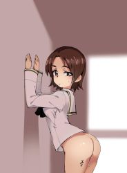 Rule 34 | 1girl, absurdres, against wall, aomushi (mushamusha), bent over, blush, body writing, bottomless, brown eyes, brown hair, cum, female focus, from side, girls und panzer, highres, long sleeves, looking at viewer, ooarai school uniform, parted bangs, pussy juice, sawa azusa, school uniform, short hair, solo, standing, sweat, tally