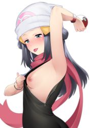 Rule 34 | 1girl, armpits, bare arms, bare shoulders, black hair, blush, breasts, creatures (company), dawn (pokemon), game freak, green eyes, hat, highres, holding, holding poke ball, looking at viewer, nintendo, nipples, no bra, one breast out, poke ball, poke ball (basic), pokemon, self exposure, simple background, small breasts, small nipples, smile, solo, tongue, tongue out, upper body, white background