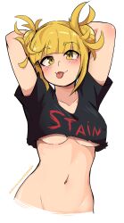 Rule 34 | 1girl, absurdres, arms behind head, arms up, black shirt, blonde hair, blunt bangs, blush, boku no hero academia, bottomless, breasts, clothes writing, collarbone, commentary, covered erect nipples, dashi (dashiart), double bun, english text, groin, hair bun, highres, medium breasts, messy hair, navel, no bra, out-of-frame censoring, shirt, short sleeves, simple background, solo, toga himiko, tongue, tongue out, underboob, yellow eyes