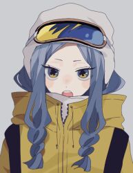Rule 34 | 1girl, blue hair, blush stickers, club-shaped pupils, goggles, goggles on head, hat, high collar, jacket, looking at viewer, maco22, open mouth, original, solo, symbol-shaped pupils, upper body