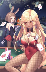 Rule 34 | 2girls, :d, ace (playing card), ace of spades, animal ear fluff, animal ears, antenna hair, banknote, bare shoulders, between breasts, between fingers, black bow, black bowtie, black gloves, black leotard, blonde hair, bow, bowtie, breasts, brown hair, brown legwear, card, cityscape, cleavage, closed mouth, collar, commentary request, covered navel, dark-skinned female, dark skin, detached collar, elbow gloves, artistic error, fishnet legwear, fishnets, gloves, heart, highres, holding, holding card, large breasts, leotard, long hair, money, multiple girls, night, night sky, official art, open mouth, original, outdoors, pantyhose, parted bangs, playboy bunny, playing card, poker chip, poker table, poppy (poppykakaka), rabbit ears, red eyes, red leotard, short hair, showgirl skirt, sky, smile, spade (shape), star (symbol), strapless, strapless leotard, table, very long hair, weapon, white collar, wing collar, wrist cuffs