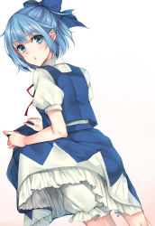 Rule 34 | 1girl, bloomers, blue bow, blue eyes, blue hair, blue skirt, blue vest, bow, cirno, commentary request, cowboy shot, dutch angle, fingernails, frilled skirt, frilled underwear, frills, from behind, gradient background, hair bow, highres, looking at viewer, looking back, neck ribbon, no wings, petticoat, pout, puffy short sleeves, puffy sleeves, red ribbon, ribbon, rinarisa, shirt, short hair, short sleeves, skirt, skirt hold, skirt set, solo, touhou, underwear, vest, white background, white bloomers, white shirt