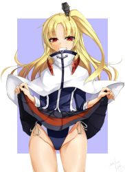 Rule 34 | 1girl, azur lane, black skirt, blonde hair, capelet, cleveland (azur lane), clothes lift, competition swimsuit, grin, hair ornament, lifted by self, long hair, looking at viewer, one-piece swimsuit, one side up, pleated skirt, red eyes, skirt, skirt lift, smile, solo, swimsuit, swimsuit under clothes, tsuizi