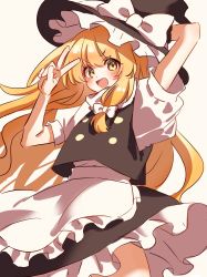 Rule 34 | 1girl, apron, arms up, black hat, black skirt, black vest, blonde hair, blush, bow, buttons, commentary request, frills, gradient hair, hair between eyes, hair bow, hands up, hat, hat bow, highres, kirisame marisa, long hair, looking at viewer, multicolored hair, one-hour drawing challenge, open mouth, orange hair, puffy short sleeves, puffy sleeves, shirt, short sleeves, simple background, skirt, smile, solo, standing, tongue, touhou, v, v-shaped eyebrows, vest, waramori fuzuka, white apron, white background, white bow, white shirt, witch hat, yellow eyes