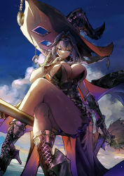 Rule 34 | 1girl, :o, absurdres, alternate costume, blue eyes, blue hair, boots, breasts, broom, broom riding, chain, cleavage, crossed legs, flying, hair intakes, hat, highres, hololive, hololive english, huge breasts, jitome, leotard, looking at viewer, open mouth, ouro kronii, ribbon earrings, sky, solo, virtual youtuber, vyragami, witch, witch hat